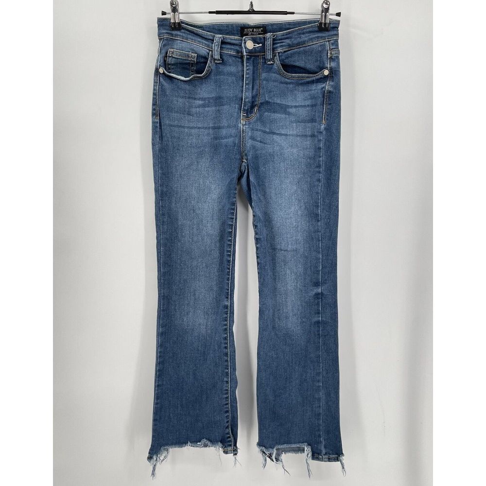 Judy Blue 3/26 Cropped Boot Jeans Womens Blue Raw Hem Stretch JB82416MD